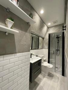 a bathroom with a toilet and a sink and a shower at A Das Marias VINTAGE in Ourense