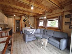 a living room with a blue couch and a kitchen at Dom Nad Stawem Krawno in Piecki