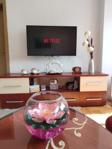 una flor en un tazón de cristal sobre una mesa en Milevski's Home, en Bitola 9 fotos más
