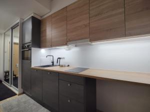 a kitchen with wooden cabinets and a sink at Ydinkeskustassa, uusi yksiö+ autohallipaikka in Tampere