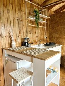 a kitchen with a counter and a sink and wooden walls at Akçakoca ağaç ev in Duzce