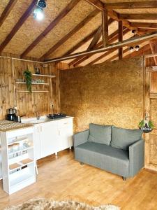 a living room with a couch and a kitchen at Akçakoca ağaç ev in Duzce