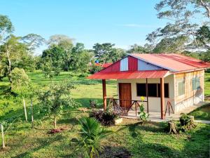 una pequeña casa con techo rojo en un campo en Milía Amazon Lodge, en Iquitos