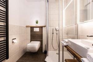 a bathroom with a shower and a toilet and a sink at Ferienapartment Marktblick in Oberstdorf