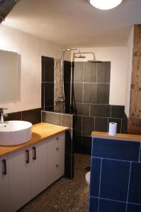 a bathroom with a sink and a toilet and a mirror at Appartement Dans Chalet de Montagne in Bozel