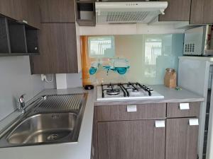 a small kitchen with a stove and a sink at Mobile home à louer Les Sables d'Olonne - Vendée in La Pironnière