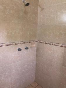 y baño con ducha con cabezal de ducha. en Hotel Astur, en Guadalajara