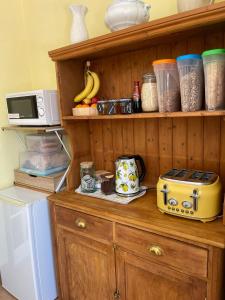a kitchen with a counter with a microwave and a refrigerator at Bowtree House Bed and Breakfast in Grantham