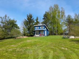 una casa azul en la parte superior de un campo verde en Koobamäe saunamaja en Kulli