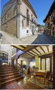 duas fotos de um edifício antigo e uma rua em Hotel Altamira em Santillana del Mar
