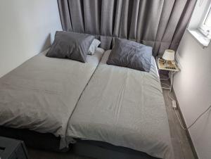 1 dormitorio con 2 almohadas en Luxe bungalow "Zomeroord", en Beekbergen