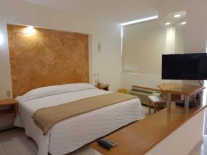 Angeles Suites & Hotel في فيراكروز: غرفة نوم بسرير وتلفزيون بشاشة مسطحة
