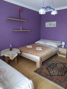 a bedroom with two beds and a purple wall at Apartament Suwalski Zakątek in Suwałki