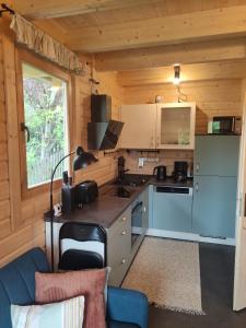 a kitchen in a log cabin with a table at Ferienhaus Birkholz Harz in Altenrode