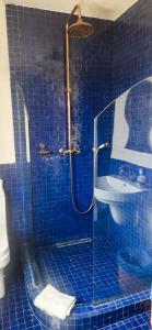 La salle de bains est pourvue de carrelage bleu, d'une douche et de toilettes. dans l'établissement Hotel-Restaurant Le Kaouki, à Sidi Kaouki