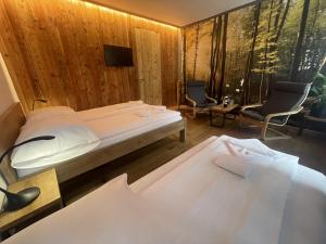 um quarto de hotel com uma cama e duas cadeiras em Hotel Bohemia em Železná Ruda