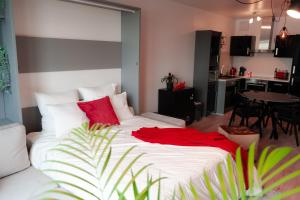 una camera da letto con un grande letto con cuscini rossi di Industrial Apartment in Belval the University City a Esch-sur-Alzette