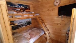 a room with two bunk beds and a tv at Still cabin in Cetinje