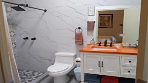 Un baño con inodoro, lavabo y ducha. en Brand New Sedona House by Kivoya, en Puerto Peñasco