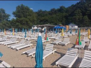 a bunch of lounge chairs and umbrellas on a beach at Casa Dragos in Basarabi