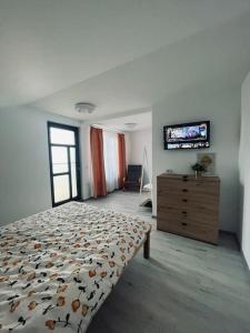 a bedroom with a bed and a dresser and a television at ViiLa TO in Bertea