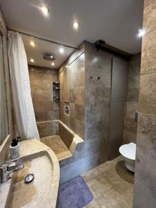 ein Bad mit einer Dusche, einem Waschbecken und einem WC in der Unterkunft Spacious apartment with shared jacuzzi/private terrace in Budapest