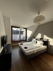 a bedroom with a large bed and a window at Spacious apartment with shared jacuzzi/private terrace in Budapest