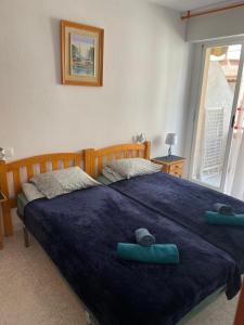 - une chambre avec un grand lit bleu et deux oreillers dans l'établissement Apartament Monserrat, à Torrevieja