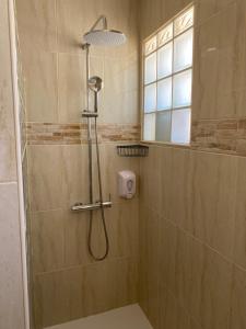 een douche met een douchekop in de badkamer bij Juangy’s Apartments in Las Adelfas Golf del Sur in San Miguel de Abona