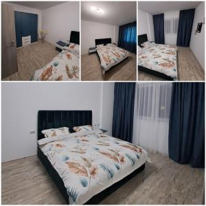 4 fotos de un dormitorio con cama y cortinas en Happy Rental Apartments 2, en Craiova