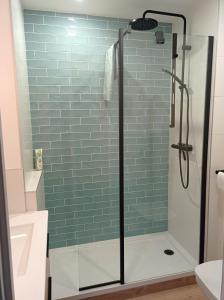 un bagno con doccia con piastrelle blu di Chambre et salle de bain de privée proche de Pau a Bizanos