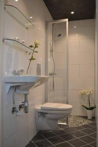 e bagno con servizi igienici, lavandino e doccia. di Lys og trivelig leilighet i Larvik a Larvik