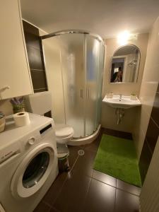 a bathroom with a shower and a washing machine at Harmony in Athens