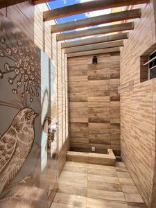 a bathroom with a shower with a bird on the wall at Pousada Lótus in Chapada dos Guimarães