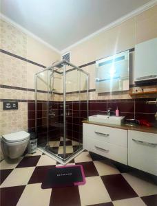 La salle de bains est pourvue d'une douche, d'un lavabo et de toilettes. dans l'établissement Seabird Suite Apart Hotel, à Trabzon