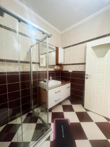 een badkamer met een glazen douche en een wastafel bij Seabird Suite Apart Hotel in Trabzon