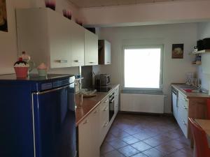 uma cozinha com um frigorífico azul e uma janela em Ferienwohnung Emmi em Malchow