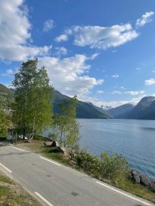 a road next to a body of water with mountains at Aurland Stegastein Apartment in Aurland