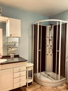 a bathroom with a shower with a glass door at Les gites de la maison lierue in Thiron-Gardais