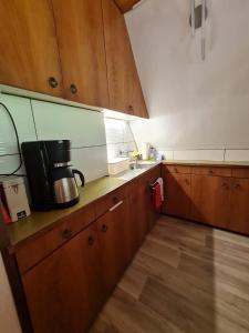 uma cozinha com armários de madeira e uma cafeteira no balcão em Ferienhaus Elbeflair em Belgern