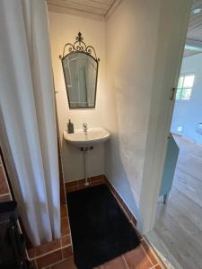 uma casa de banho com um lavatório e um espelho em A true nature pearl in idyllic surroundings but close to the city em Holbæk