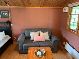 sala de estar con sofá y mesa en The Pink Cabin en Tyfta