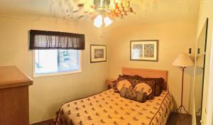 a bedroom with a bed and a lamp and a window at JW Vallecito in Vallecito