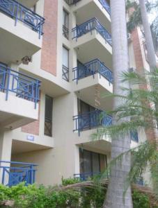 an apartment building with blue balconies and a palm tree at Condominio Girardot Resort INT 4 APTO 302 in Girardot