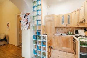 una cocina con una pared de azulejos de cristal en Center of the City, - it's only yours, with two bedrooms, 1 price for 3, en Budapest