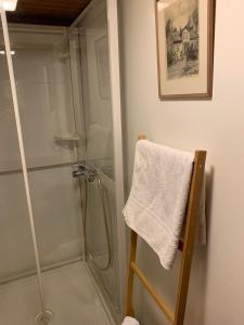 a bathroom with a shower and a towel on a chair at The Blue Cabin in Tyfta
