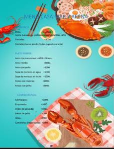 a menu for a restaurant with lobster and other foods at Casa Congo in Golfito
