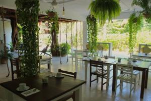 ein Restaurant mit Tischen, Stühlen und Pflanzen in der Unterkunft Tierra Mia Boutique Hotel in Holbox