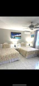 Ocho Rios Vacation Resort Property Rentals في أوتشو ريوس: غرفة نوم بسريرين ولوحة على الحائط