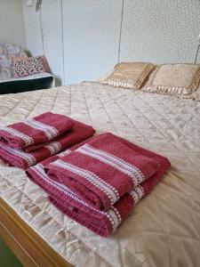 a bed with two towels on top of it at Romantisks apartaments ar lapenīti G18 in Līgatne